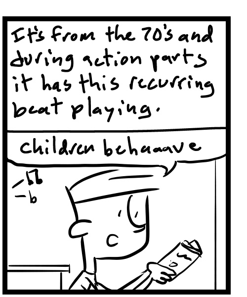 A four-panel comic about a person listening to the cartoon Battle of the Planets music play - Panel 2
