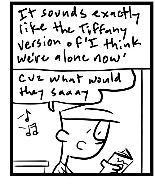 A four-panel comic about a person listening to the cartoon Battle of the Planets music play - Panel 3