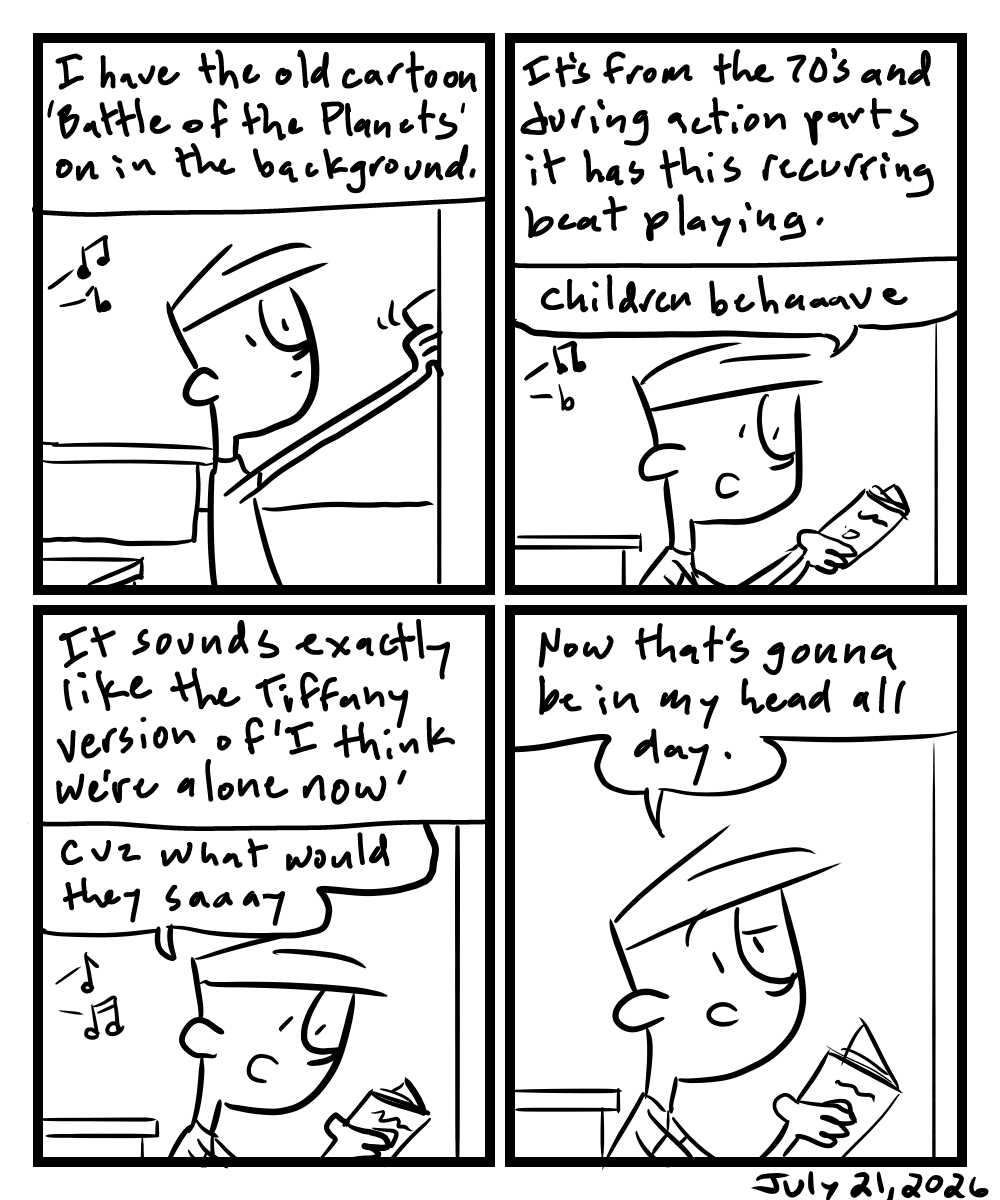 A four-panel comic about a person listening to the cartoon Battle of the Planets music play
