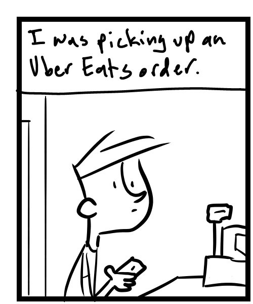 A four-panel comic about a person standing at a counter waiting for someone to help him - Panel 1