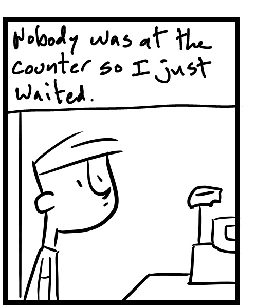 A four-panel comic about a person standing at a counter waiting for someone to help him - Panel 2