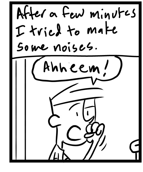 A four-panel comic about a person standing at a counter waiting for someone to help him - Panel 3