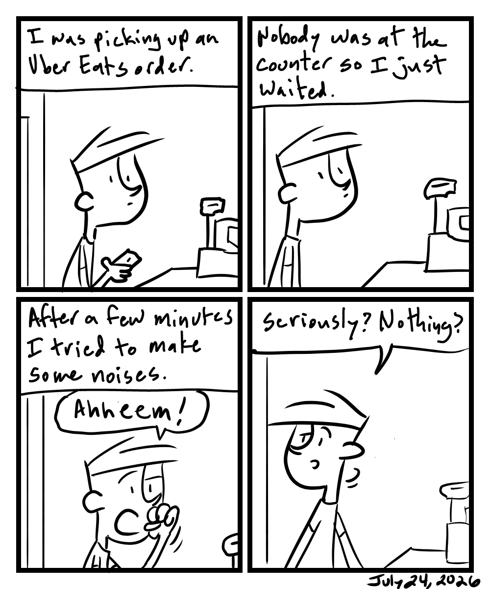 A four-panel comic about a person standing at a counter waiting for someone to help him