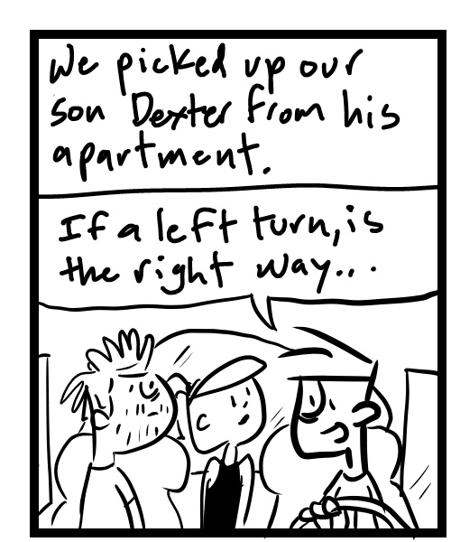 A four-panel comic about people driving on a car while one makes a pun - Panel 1