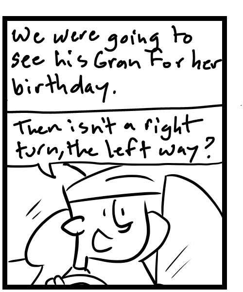 A four-panel comic about people driving on a car while one makes a pun - Panel 2