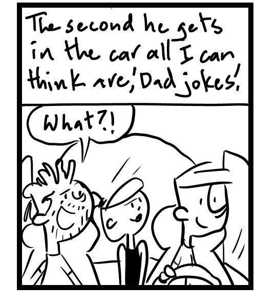 A four-panel comic about people driving on a car while one makes a pun - Panel 3