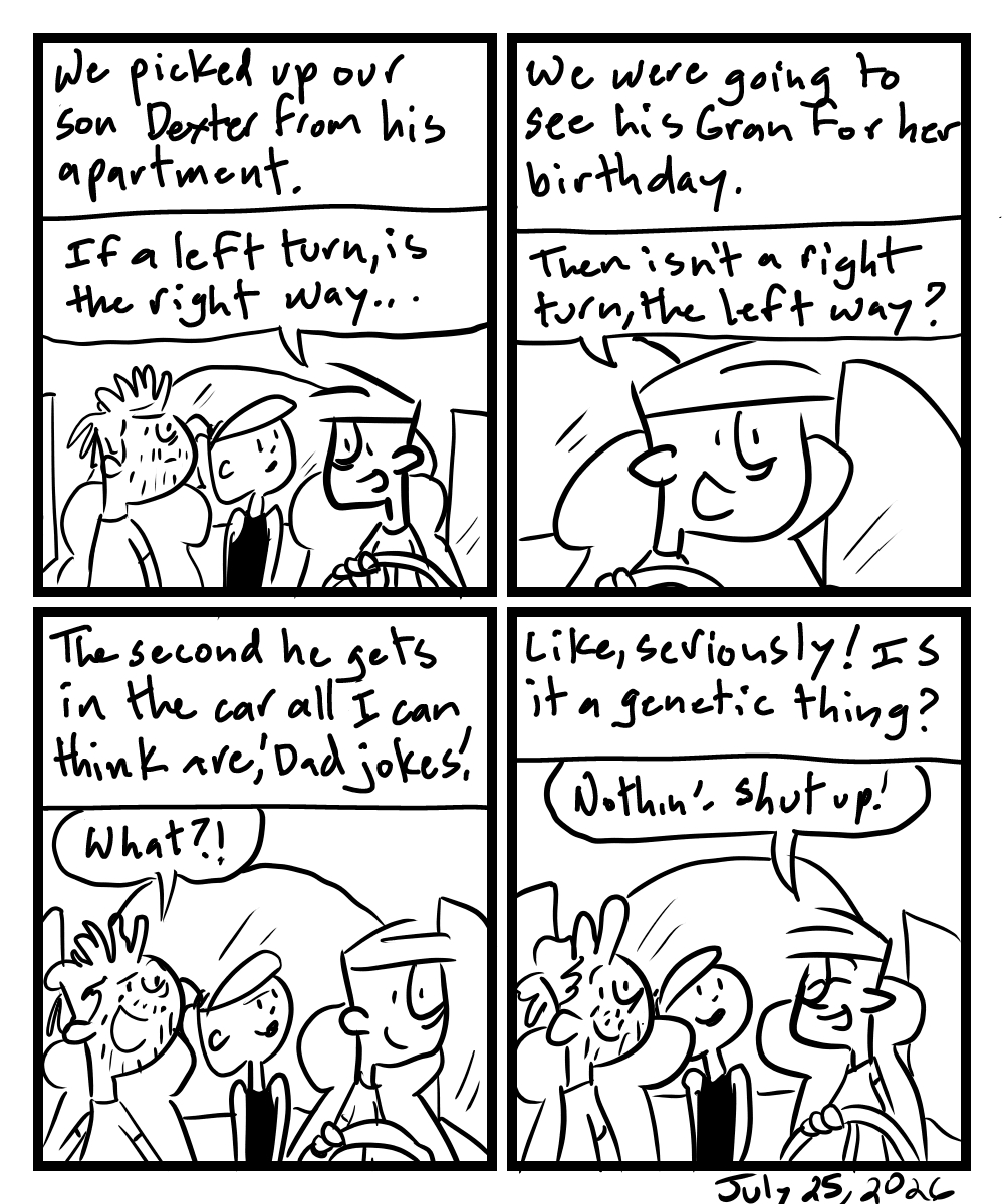 A four-panel comic about people driving on a car while one makes a pun