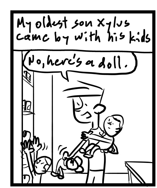 A four-panel comic about a person trying to keep the kids from touching novelty glasses - Panel 1