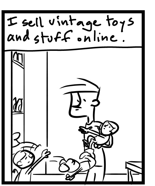A four-panel comic about a person trying to keep the kids from touching novelty glasses - Panel 2