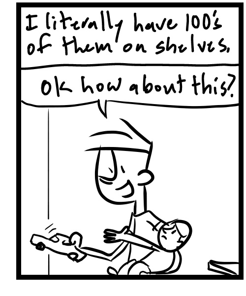 A four-panel comic about a person trying to keep the kids from touching novelty glasses - Panel 3
