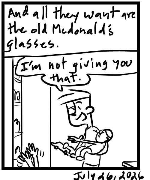 A four-panel comic about a person trying to keep the kids from touching novelty glasses - Panel 4