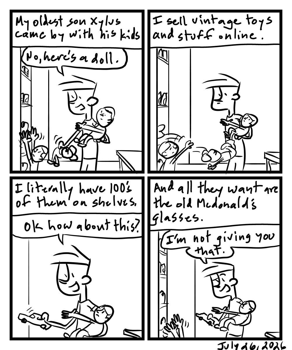 A four-panel comic about a person trying to keep the kids from touching novelty glasses