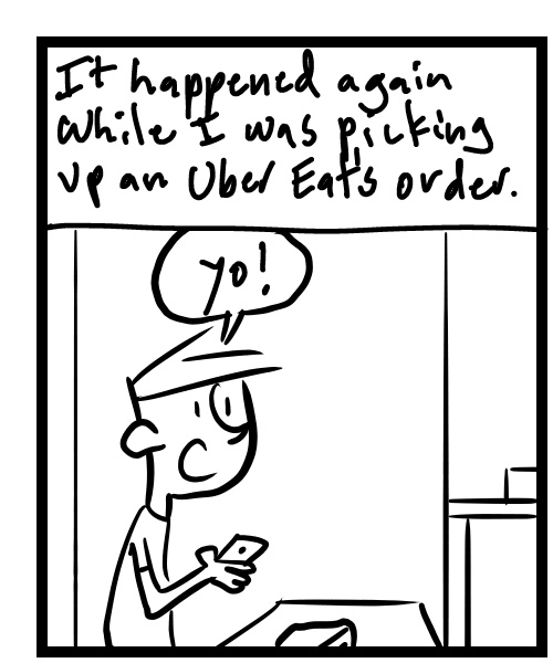 A four-panel comic about a person picking up a delivery from an empty pizza place - Panel 1
