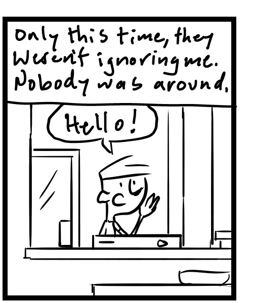 A four-panel comic about a person picking up a delivery from an empty pizza place - Panel 2