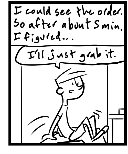 A four-panel comic about a person picking up a delivery from an empty pizza place - Panel 3