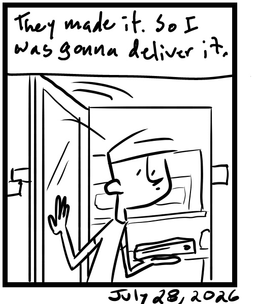 A four-panel comic about a person picking up a delivery from an empty pizza place - Panel 4