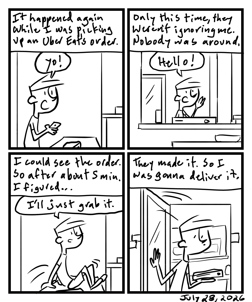 A four-panel comic about a person picking up a delivery from an empty pizza place