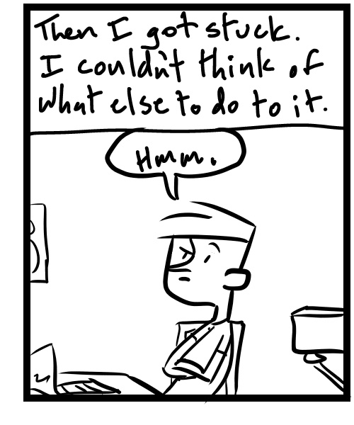 A four-panel comic about a person working on a song remix - Panel 3