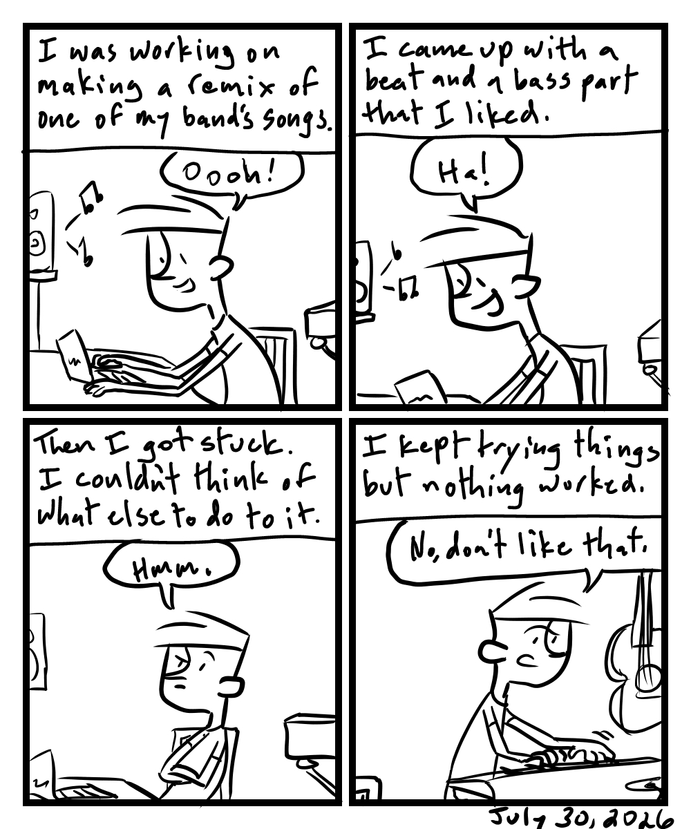 A four-panel comic about a person working on a song remix