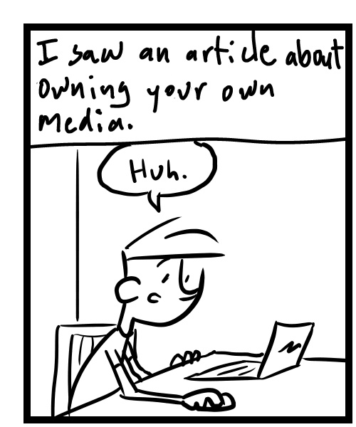 A four-panel comic about a person reading an article and ends up installing a media server - Panel 1