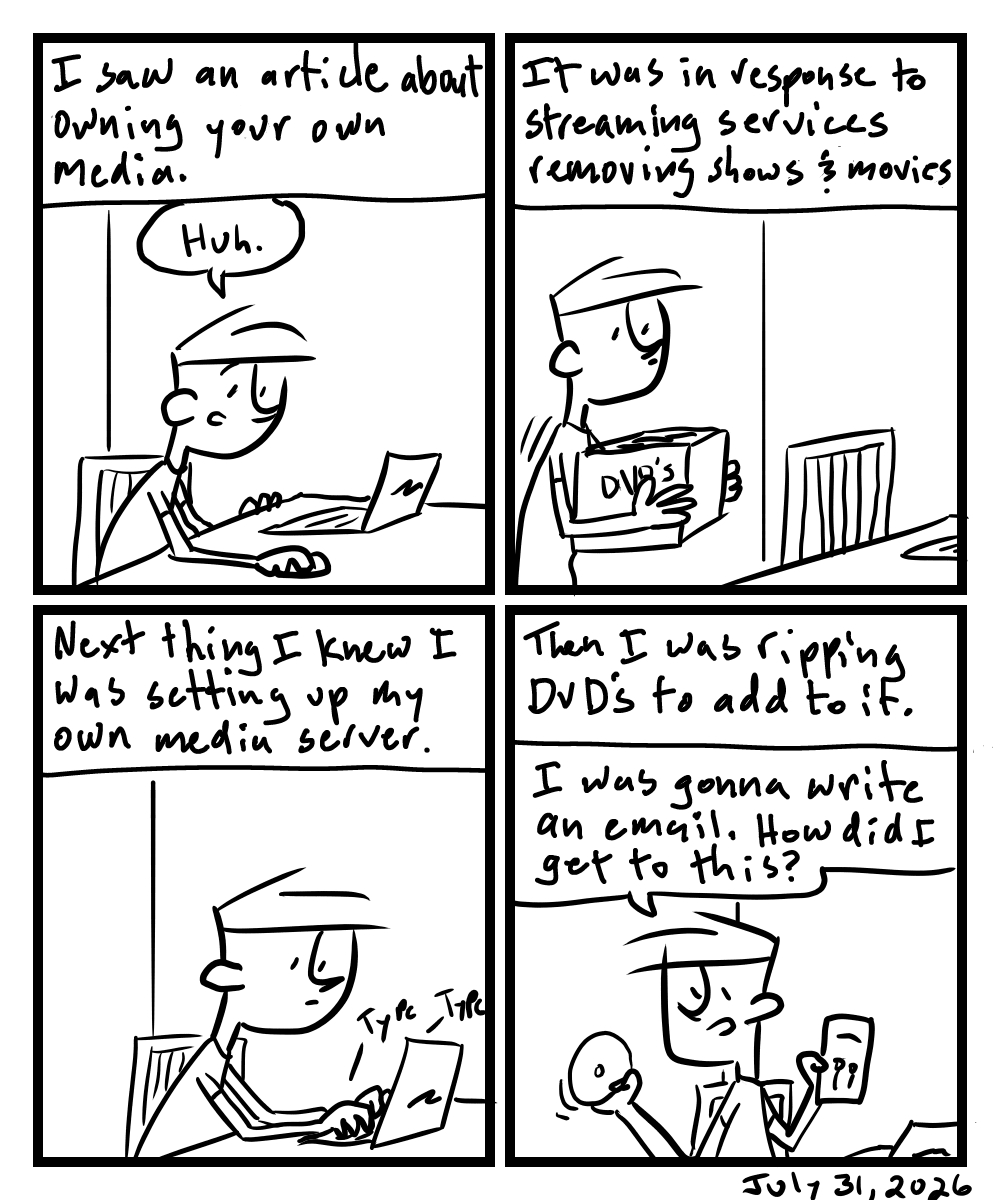 A four-panel comic about a person reading an article and ends up installing a media server