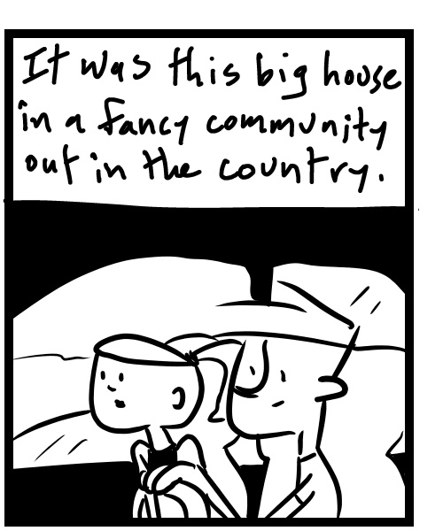A four-panel comic about people going to an estate sale in a big fancy house that smells like cat pee - Panel 2