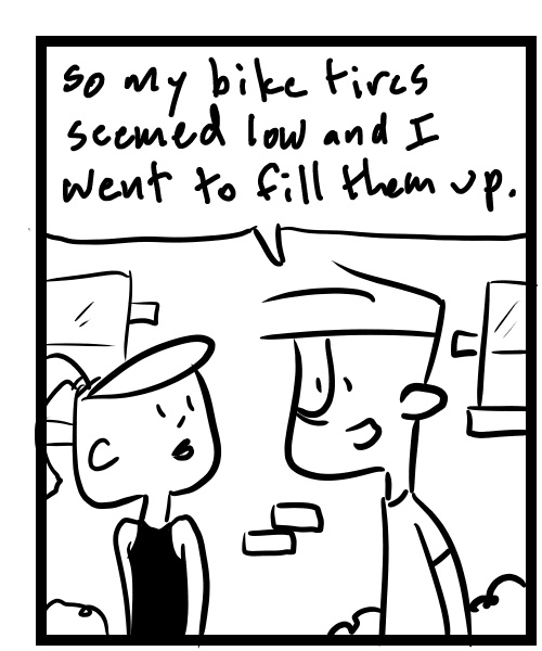 A four-panel comic about people talking about a weird nozzle on a bike inter tube - Panel 1