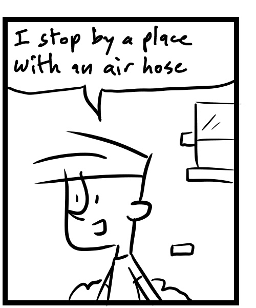 A four-panel comic about people talking about a weird nozzle on a bike inter tube - Panel 2