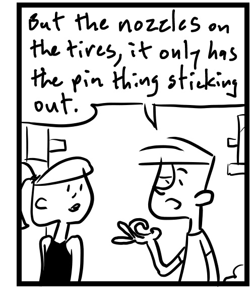 A four-panel comic about people talking about a weird nozzle on a bike inter tube - Panel 3