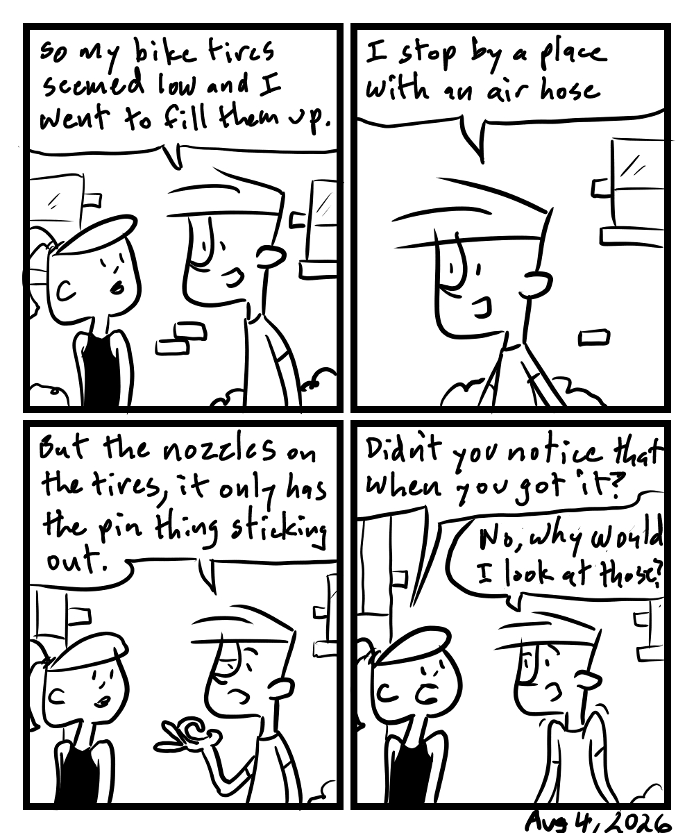A four-panel comic about people talking about a weird nozzle on a bike inter tube
