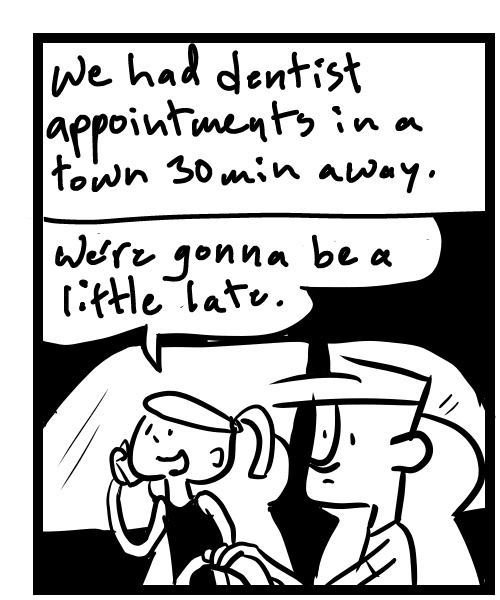 A four-panel comic about people driving in a car and finding out the dentist appointment is on a different day - Panel 1