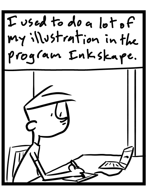 A four-panel comic about a person illustrating using Inkscape - Panel 2