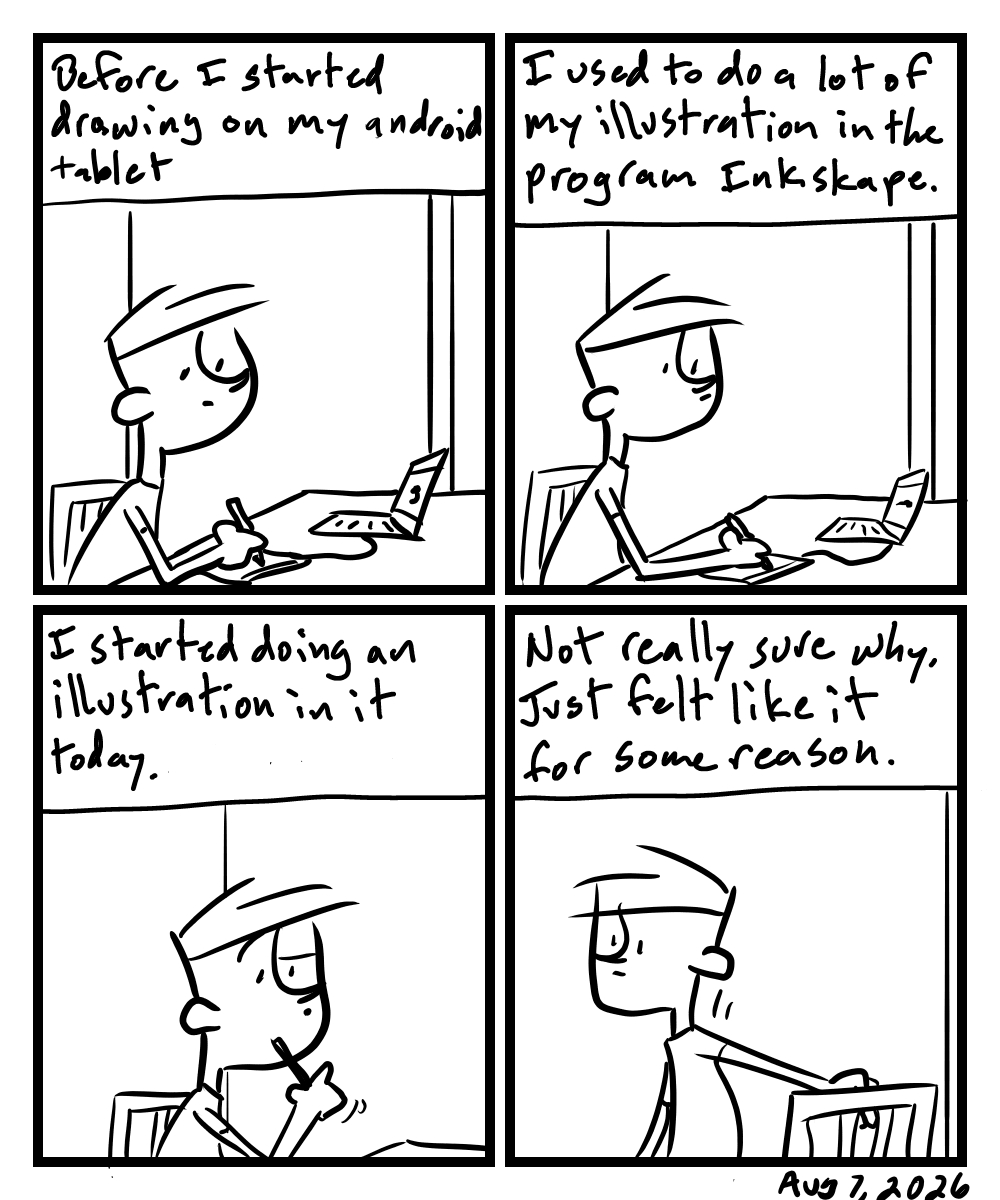 A four-panel comic about a person illustrating using Inkscape