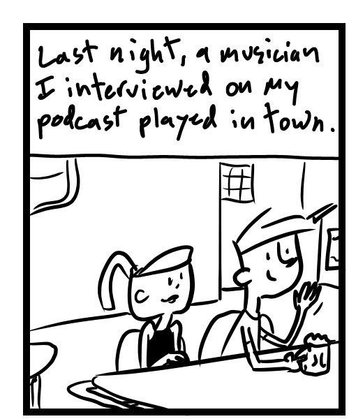 A four-panel comic about people seeing a band, talking to a band and seeing a car that hit a tree - Panel 1