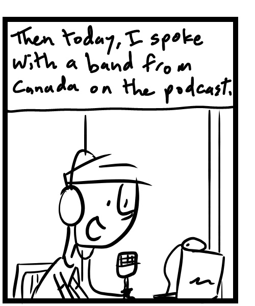 A four-panel comic about people seeing a band, talking to a band and seeing a car that hit a tree - Panel 2
