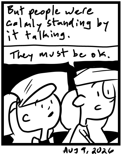 A four-panel comic about people seeing a band, talking to a band and seeing a car that hit a tree - Panel 4