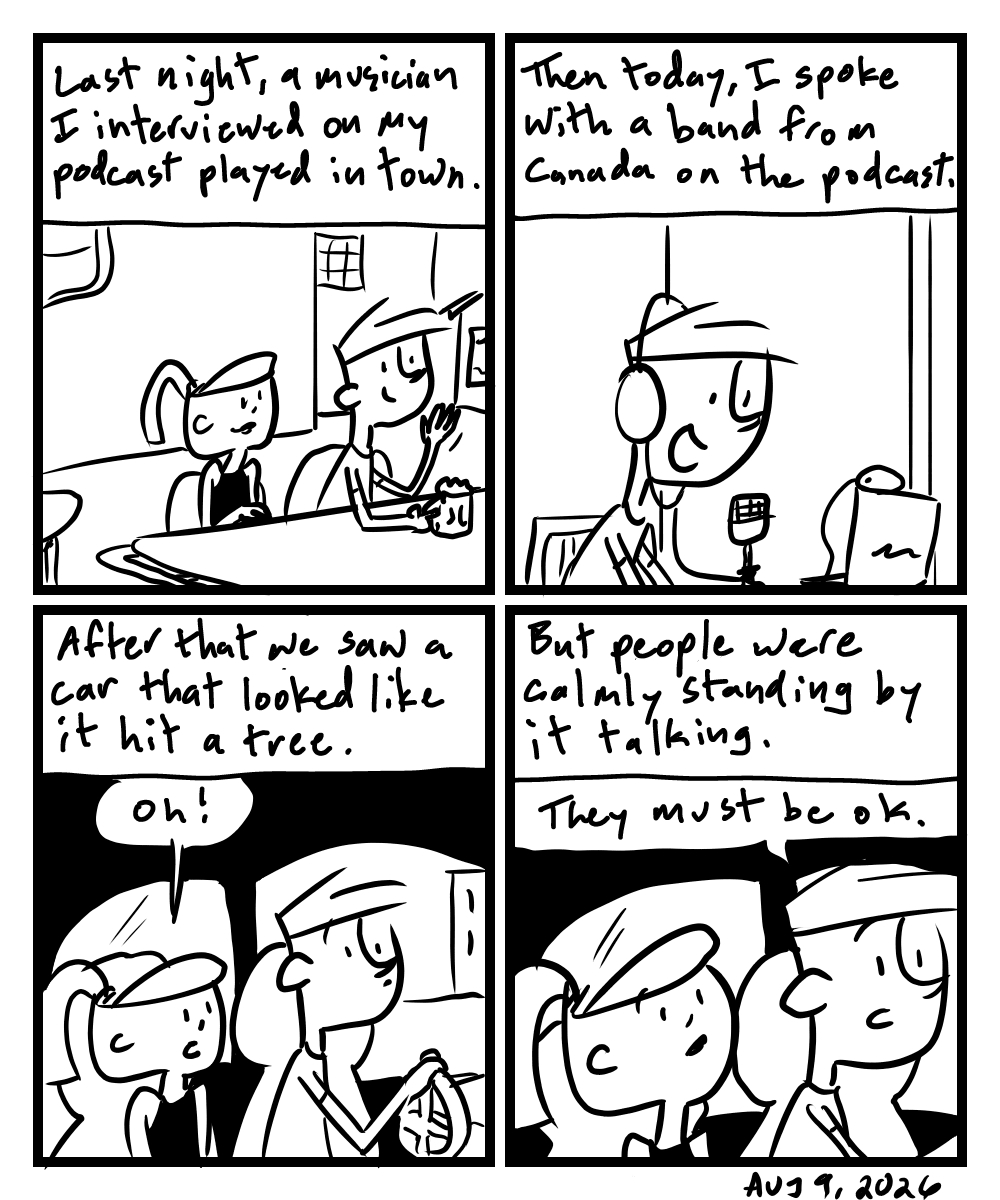 A four-panel comic about people seeing a band, talking to a band and seeing a car that hit a tree