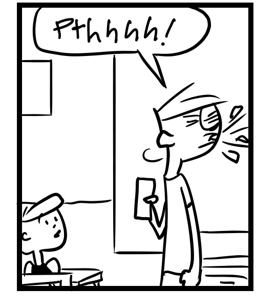 A four-panel comic about people discussing what a spit take is - Panel 3