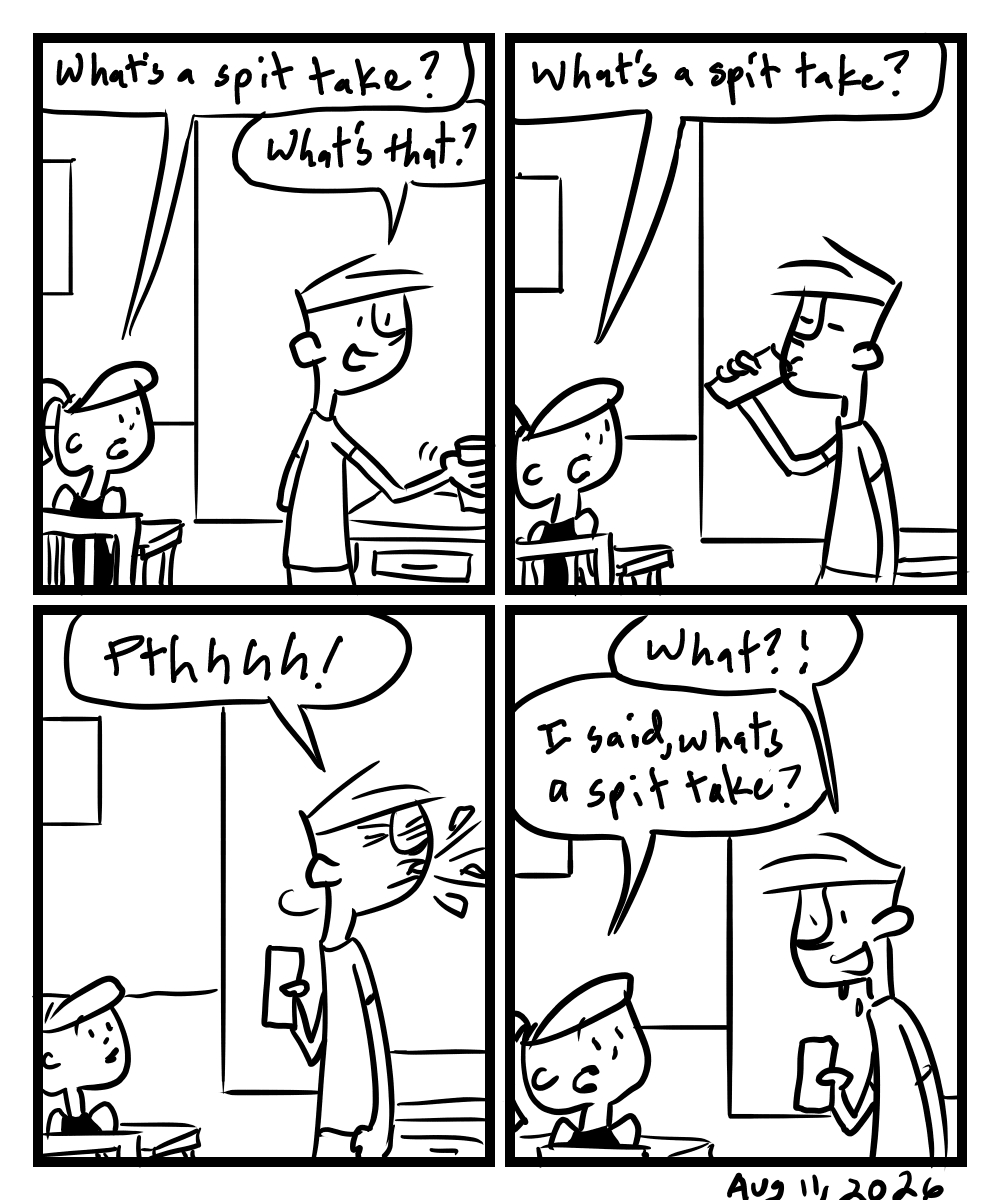 A four-panel comic about people discussing what a spit take is