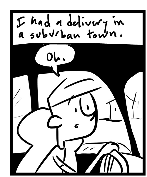 A four-panel comic about a person driving a closed road and a tractor blocks the way - Panel 1