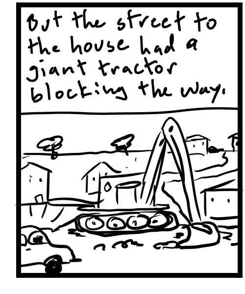 A four-panel comic about a person driving a closed road and a tractor blocks the way - Panel 3