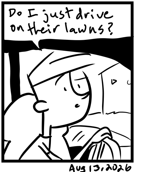 A four-panel comic about a person driving a closed road and a tractor blocks the way - Panel 4