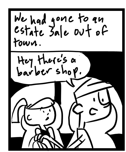 A four-panel comic about people driving and finding a barber shop - Panel 1