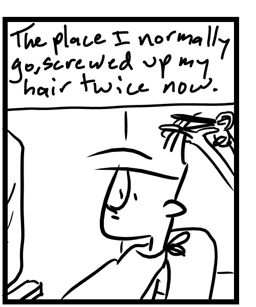A four-panel comic about people driving and finding a barber shop - Panel 2