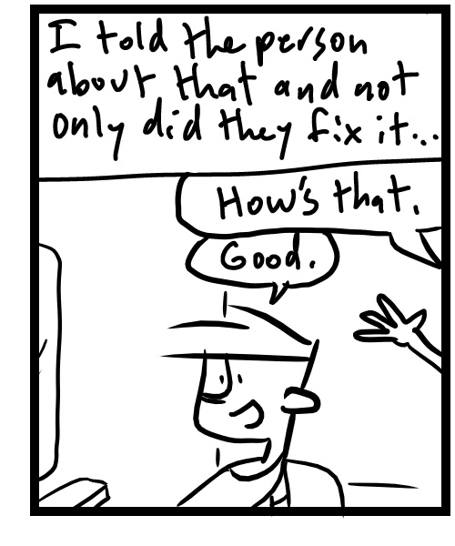A four-panel comic about people driving and finding a barber shop - Panel 3