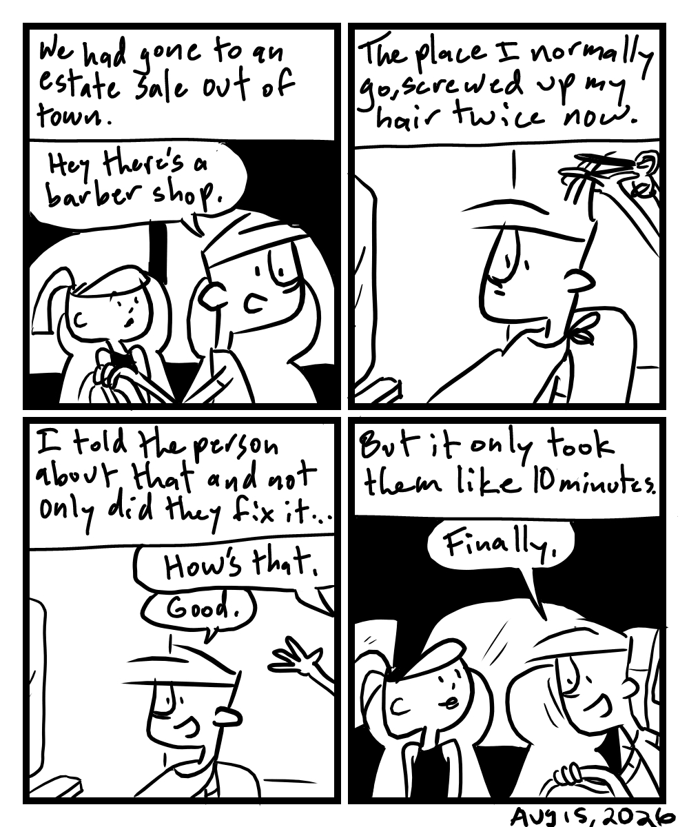 A four-panel comic about people driving and finding a barber shop