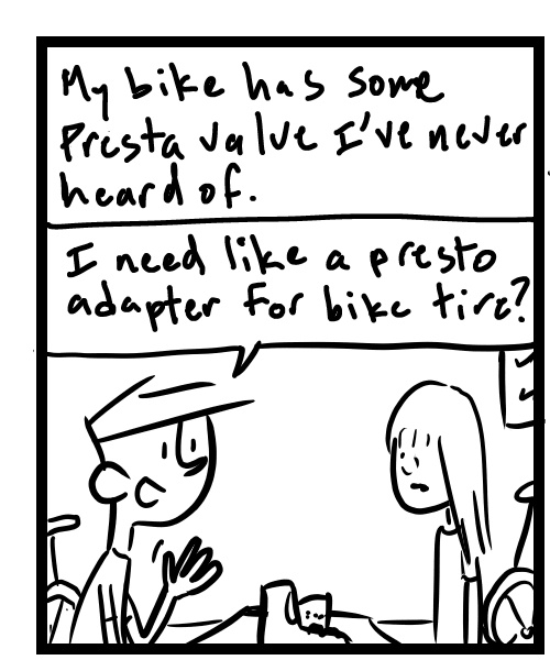 A four-panel comic about a person getting an adapter at the bike shop with a funny employee - Panel 1
