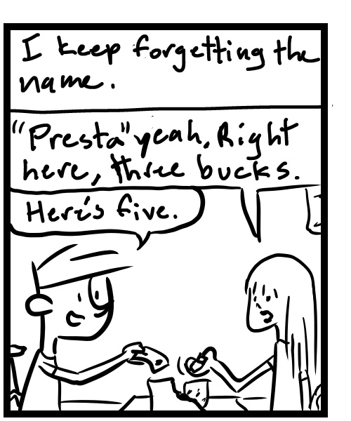 A four-panel comic about a person getting an adapter at the bike shop with a funny employee - Panel 2
