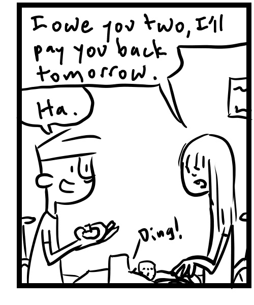 A four-panel comic about a person getting an adapter at the bike shop with a funny employee - Panel 3