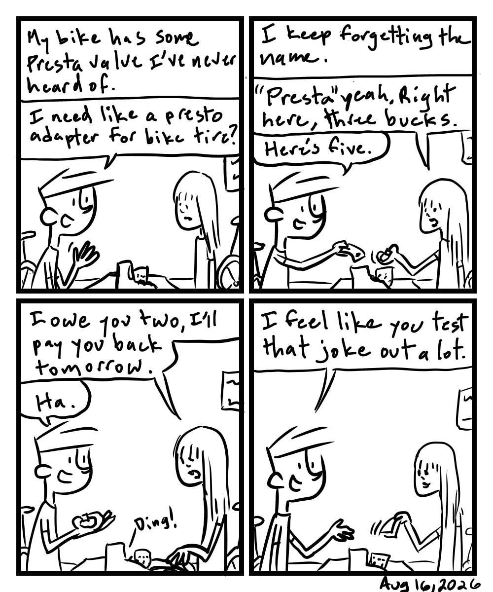 A four-panel comic about a person getting an adapter at the bike shop with a funny employee